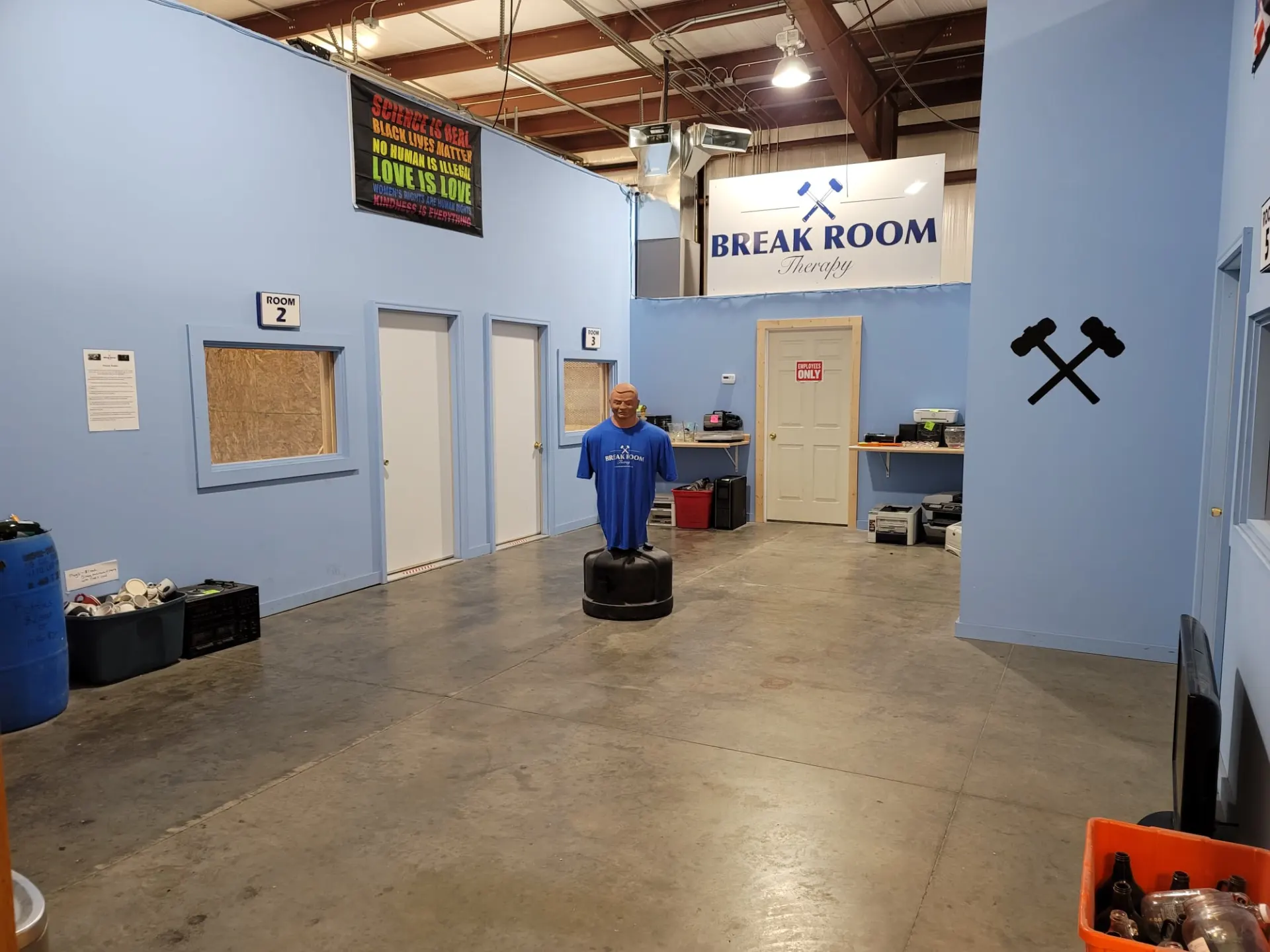 a room that has a sign on the side of a building